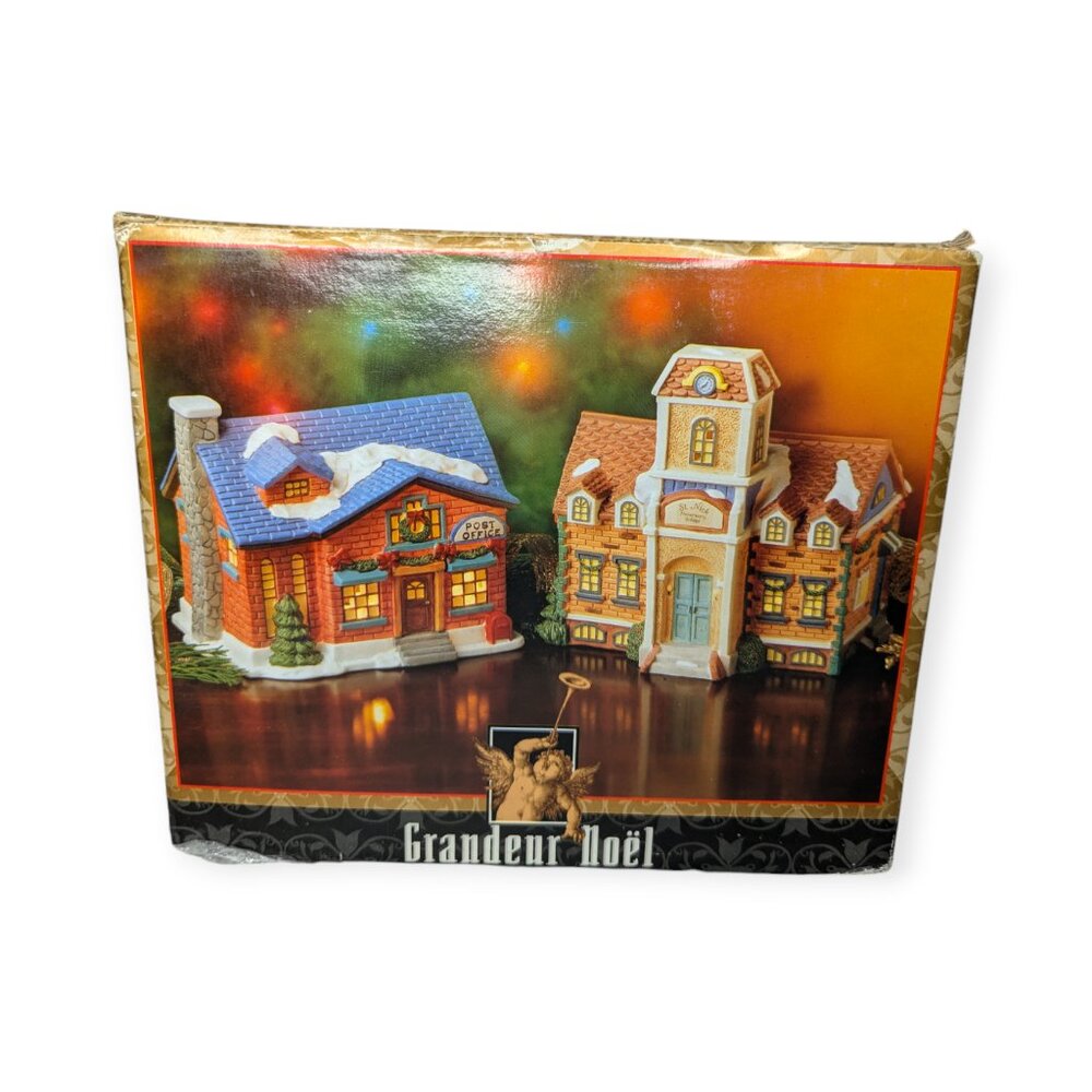 Grandeur Noel Ceramic Christmas Village Post Office Elementary School Set W/Box